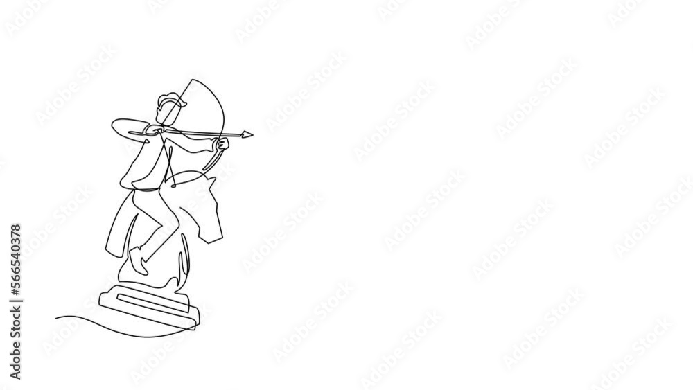 Animated self drawing of continuous line draw businessman holding archery aiming target while riding chess knight piece, strategic concept. Success business manager. Full length single line animation