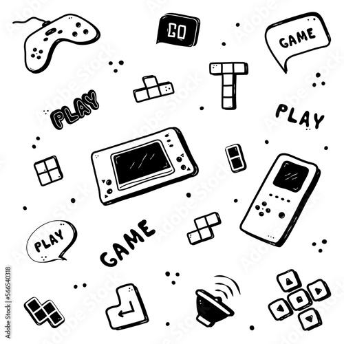 Video game hand drawn doodle set. Retro vibe. Video gamer console, tetris, joystick, controller element. Computer retro, arcade play background. Vector illustration.