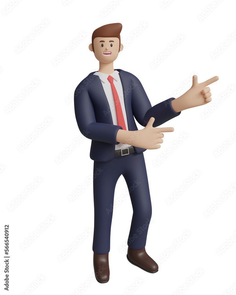 3D rendering. A businessman points at something against a white background. 3D rendering. A businessman points at something against a white background.