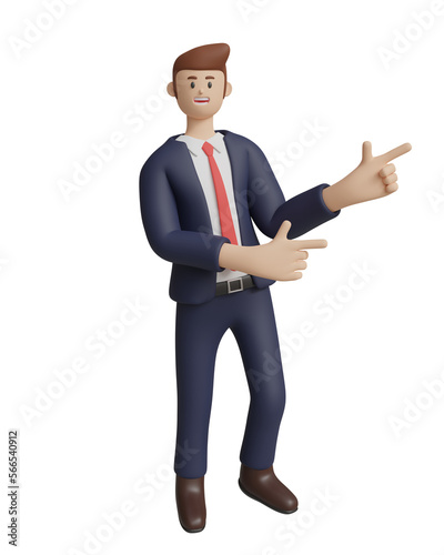 3D rendering. A businessman points at something against a white background.