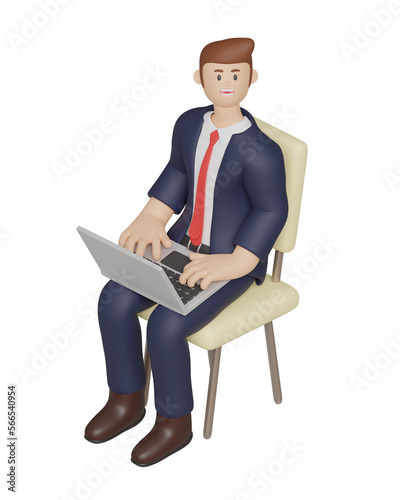 3D-rendering. A businessman gestures to working on his laptop against a white background. 