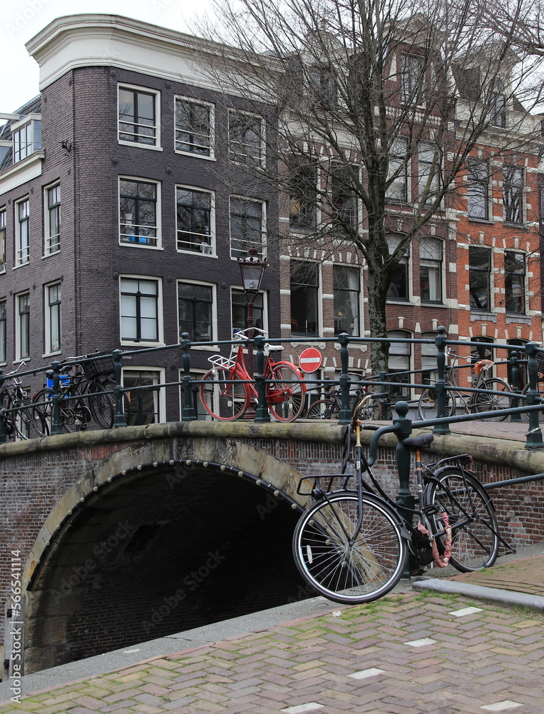 Amsterdam Street View with Stone Bridge and Red Bicycle, Netherlands