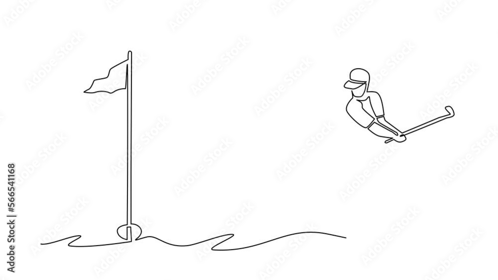 Self drawing animation of single line draw of business executive young handsome man playing golf at golf course. Practice to make hole in one hit technique. Continuous line draw. Full length animated Self drawing animation of single line draw of business executive young handsome man playing golf at golf course. Practice to make hole in one hit technique. Continuous line draw. Full length animated