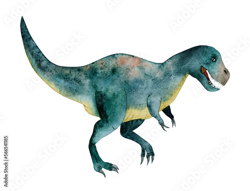 Watercolor Tyrannosaur dinosaur realistic illustration in blue  yellow  brown colors isolated on white background