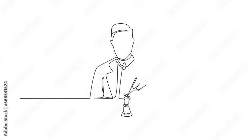 Animated self drawing of continuous line draw strategy, leadership management concept. Smiling businessman sitting and moving chess figure alone feeling confident. Full length single line animation Animated self drawing of continuous line draw strategy, leadership management concept. Smiling businessman sitting and moving chess figure alone feeling confident. Full length single line animation
