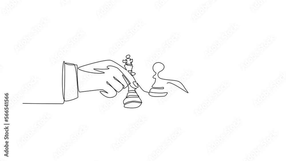 Animated self drawing of continuous line draw two man's hands with king and pawn chess pieces. Vintage engraving stylized drawing. Sport, competition, competitive. Full length one line animation