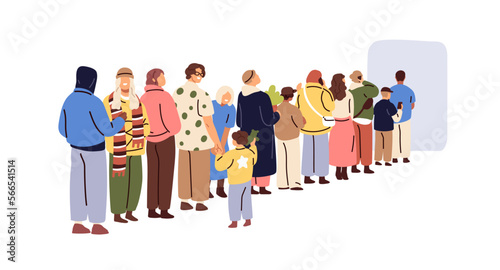 Long queue of people. Customers line, standing and waiting. Crowd queuing, many men, women buyers at entrance, back view. High demand concept. Flat vector illustration isolated on white background