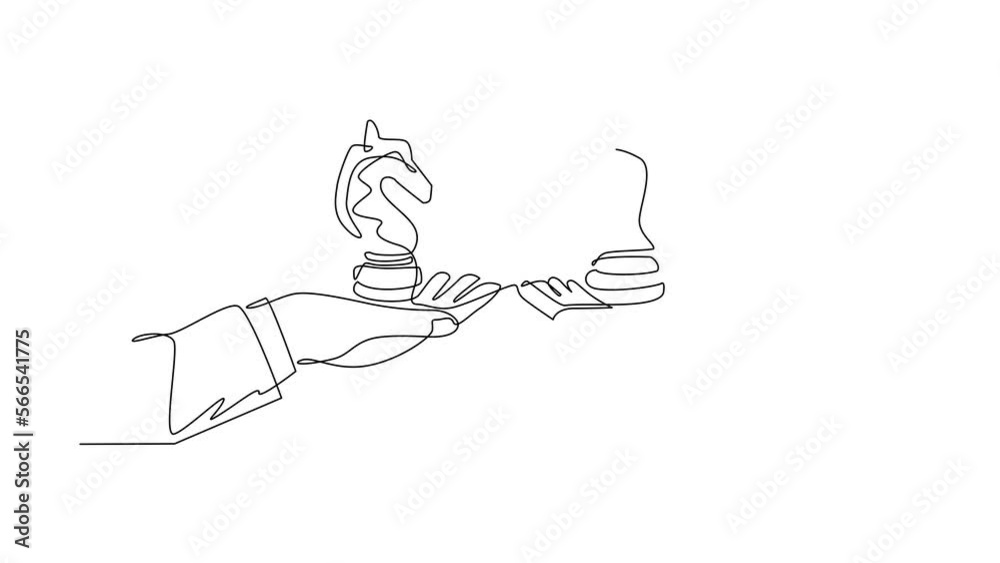 Self drawing animation of single line draw business concept, of businessman hands, one holding knight chess piece, the other hand too. Strategy management. Continuous line draw. Full length animated Self drawing animation of single line draw business concept, of businessman hands, one holding knight chess piece, the other hand too. Strategy management. Continuous line draw. Full length animated
