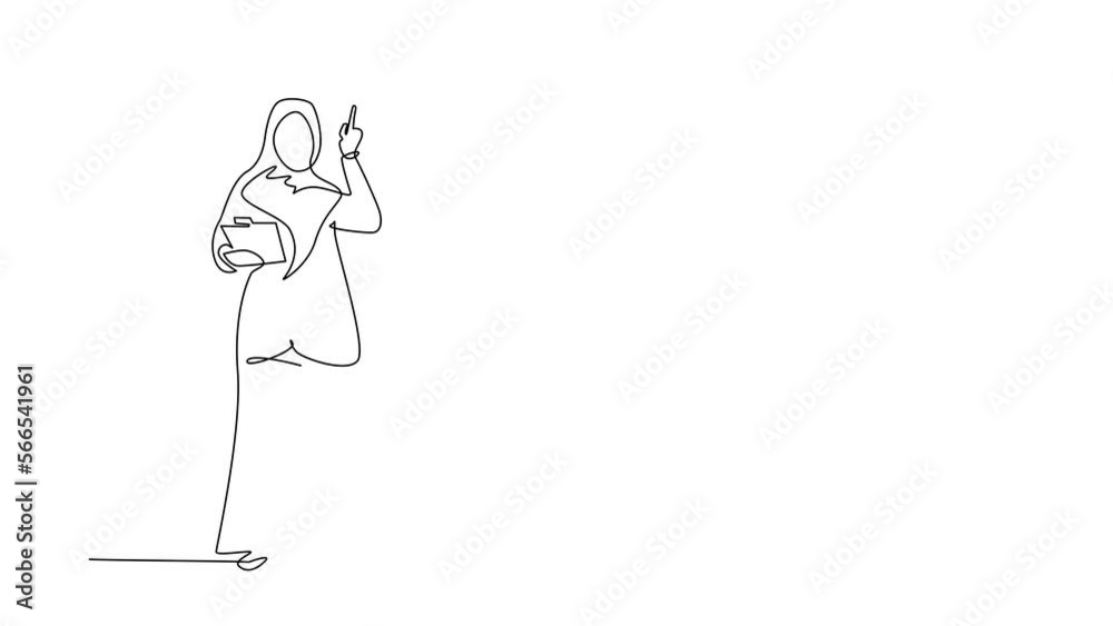 Self drawing animation of single line draw businesswoman wearing suit holding clipboard and pointing index finger up. Active person keeping file pad in hand. Continuous line draw. Full length animated