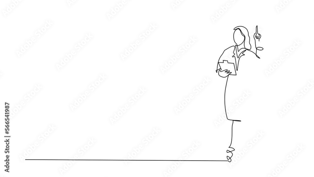 Self drawing animation of single line draw businesswoman wearing suit holding clipboard and pointing index finger up. Active person keeping file pad in hand. Continuous line draw. Full length animated Self drawing animation of single line draw businesswoman wearing suit holding clipboard and pointing index finger up. Active person keeping file pad in hand. Continuous line draw. Full length animated