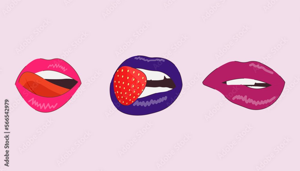 Fototapeta premium Set of sexy lips in pop art 90's style. Female mouth in different emotions for Stickers, Logos, Prints. Set of bright lips, blue, pink, purple, with tongue and strawberry
