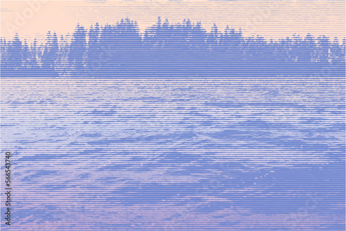 The surface of the forest lake and the silhouette of the island with coniferous forest. Retro engraving woodcut style. Vector Illustration