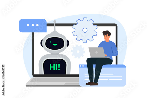 Chatbot customer service support concept. Man sitting and chatting with chat bot in laptop. Vector illustration isolated on white background.
