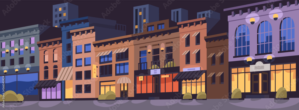 Night city, deserted street with buildings, light in windows. Cityscape background, urban panorama with house facades. Empty outdoors landscape at midnight, panoramic view. Flat vector illustration