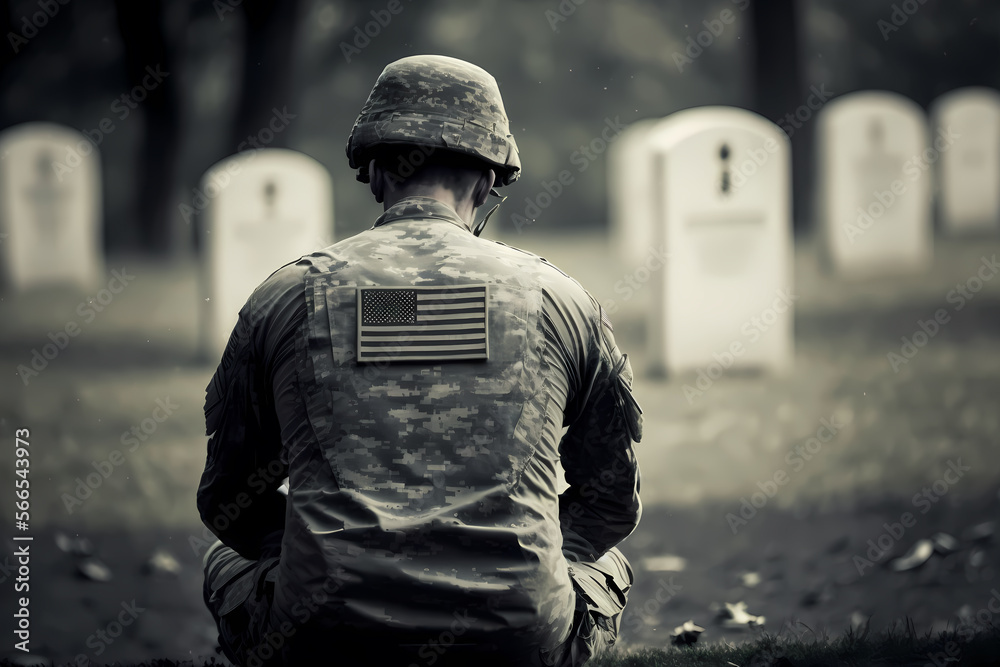 Military man kneeling of grave fallen soldier, sunset. Concept veteran of war. Generation AI Military man kneeling of grave fallen soldier, sunset. Concept veteran of war. Generation AI