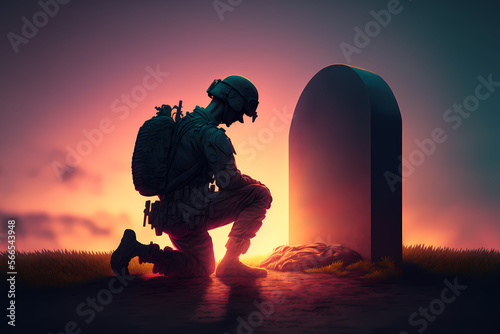 Military man kneeling of grave fallen soldier, sunset. Concept veteran of war. Generation AI photo