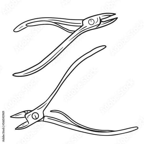 Realistic cuticle cutter in black isolated on white background. Hand drawn vector sketch illustration in doodle engraved vintage outline style. Hygiene, health care, beauty, scissors, clippers.
