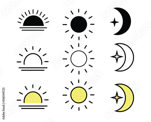 Sun and moon morning day and night time, sunrise and day and night vector icon illustration material