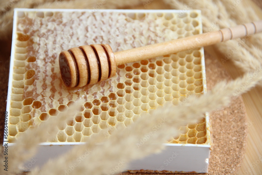honeycombs. honey with honeycomb close-up. honey in honeycombs on a board with a wooden spoon for honey. honeycombs. honey with honeycomb close-up. honey in honeycombs on a board with a wooden spoon for honey.