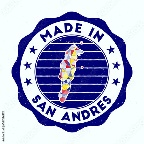 Made in San Andres. Island round stamp. Seal of San Andres with border shape. Vintage badge with circular text and stars. Vector illustration.