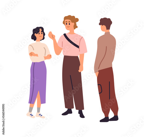 Friends talking, standing together. Happy young characters chatting. People speaking. Friendly conversation, informal communication concept. Flat vector illustration isolated on white background