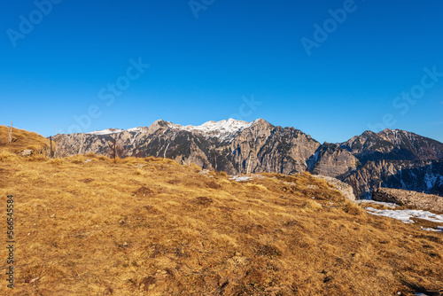 Lessinia High Plateau Regional Natural Park (Altopiano della Lessinia) and the mountain peak of Monte Carega (small Dolomites). Bosco Chiesanuova, Verona province, Veneto and Trentino, Italy, Europe.
