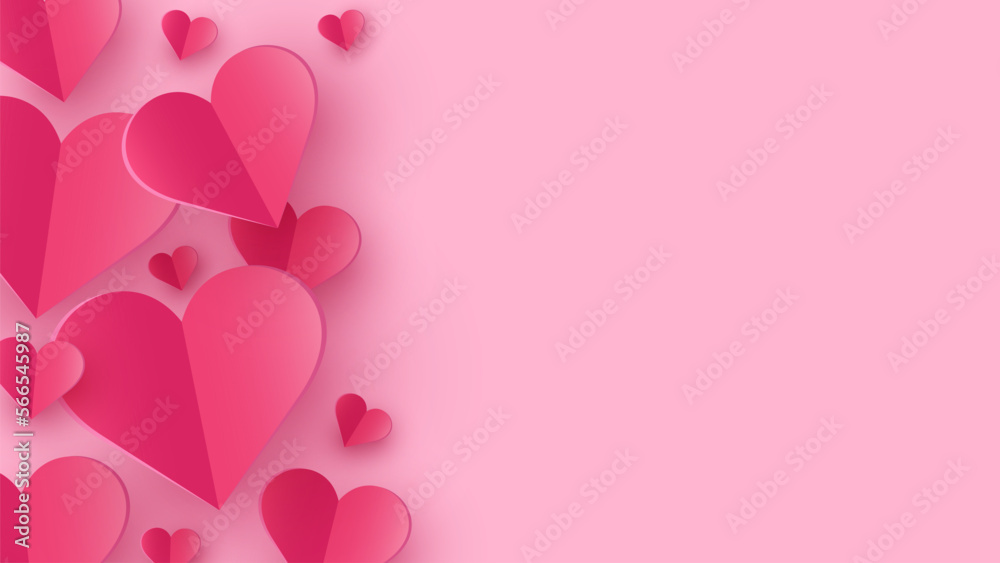 Paper cut hearts on pink background. Symbols of love for Valentine’s Day, Mother’s Day and Women’s Day. Vector illustration