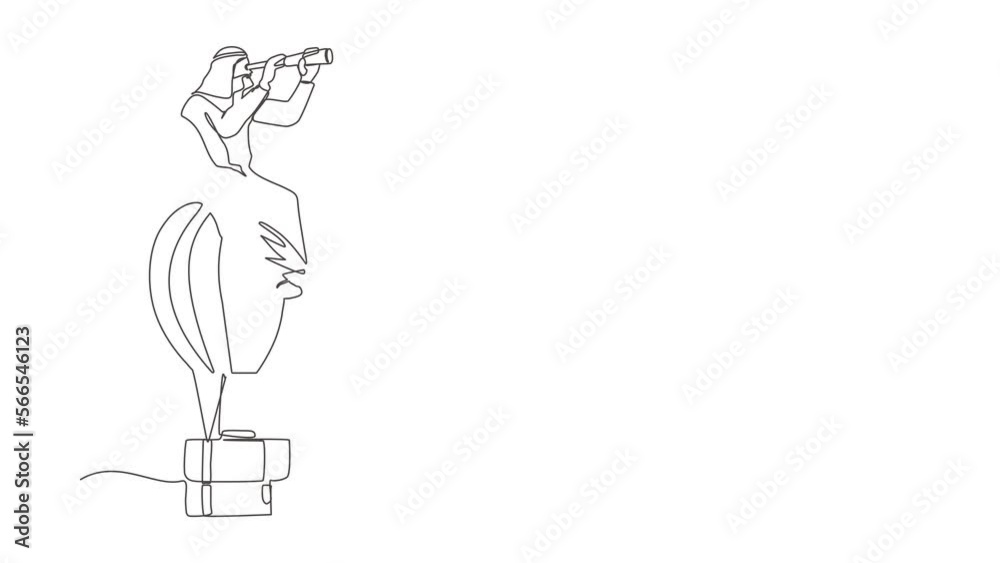 Self drawing animation of single line draw businessman sitting looking through telescope in air balloon. Male in suitcase balloon search to success. Business. Continuous line. Full length animated Self drawing animation of single line draw businessman sitting looking through telescope in air balloon. Male in suitcase balloon search to success. Business. Continuous line. Full length animated
