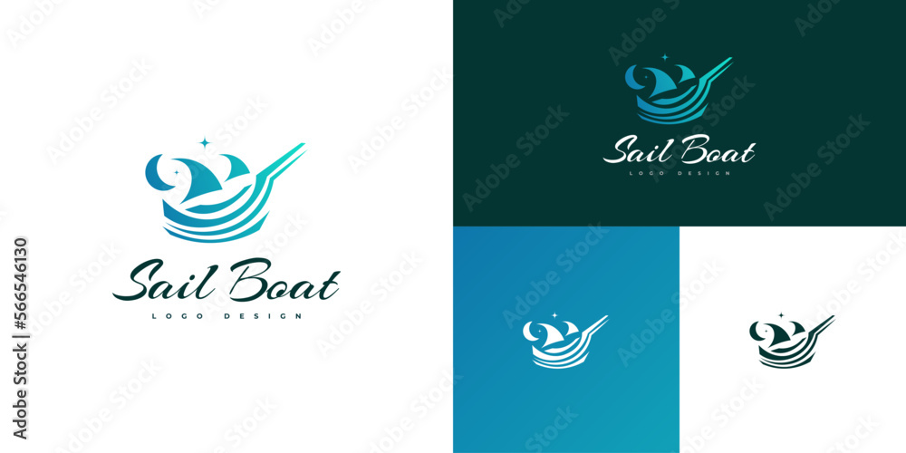 Blue Sailboat Logo with Crescent Moon and Stars. Ship Logo or Icon