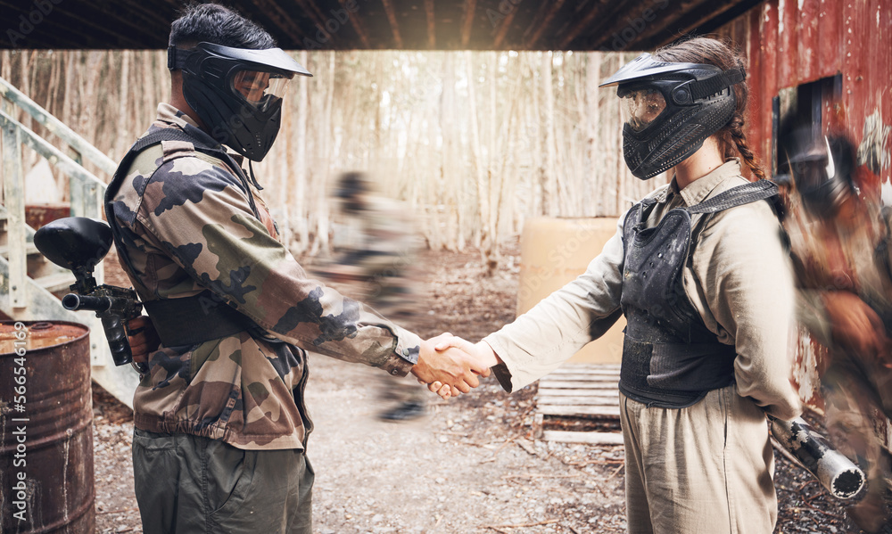 Handshake, paintball team and congratulations or support, sports game ...