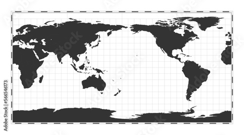 Vector world map. Equirectangular (plate carree) projection. Plain world geographical map with latitude and longitude lines. Centered to 180deg longitude. Vector illustration.