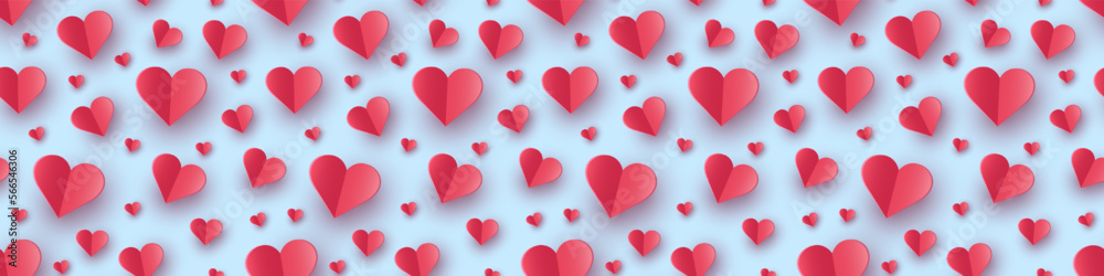 Paper cut hearts on blue background. Seamless pattern design. Banner. Vector illustration