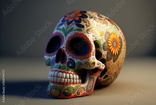 Calavera (Sugar Skull) in a traditional style on plain background. generative ai