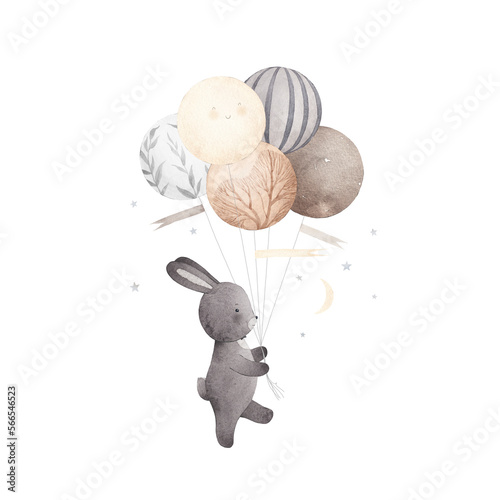 Wallpaper Mural Cute grey bunny with balloons. Watercolor illustration. Children's decor. Isolated. Torontodigital.ca