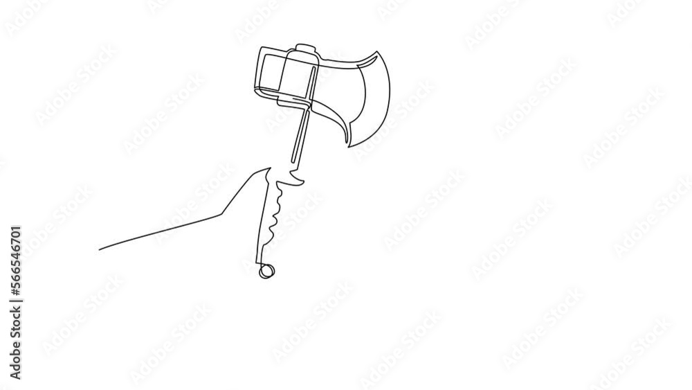 Self drawing animation of single line draw hand holding axe. Forester ax. Axes with wooden handle. Camping Axe, Lumberjack Axe. Illustration of weapon ax. Continuous line draw. Full length animated Self drawing animation of single line draw hand holding axe. Forester ax. Axes with wooden handle. Camping Axe, Lumberjack Axe. Illustration of weapon ax. Continuous line draw. Full length animated