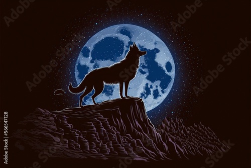 cartoon illustration, wolf standing on a rock at night with a full moon, generative AI © Jorge Ferreiro