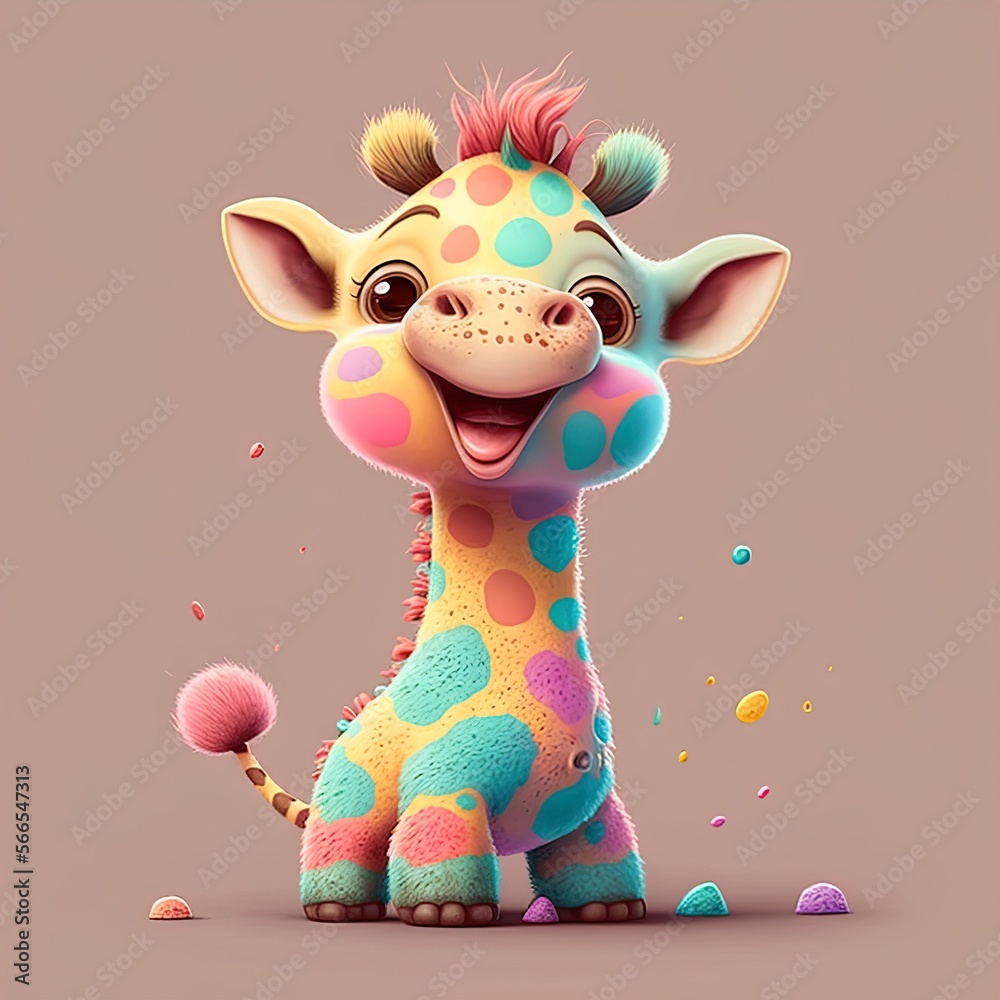 Cute small giraffe contrast colored sitting smiling. Adorable baby giraffe in pixar disney style, generated 3d art illustration. - obrazy, fototapety, plakaty 
