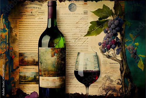 Abstract Art Vector Background Collage art deco illustrations of a bottle of wine and friends