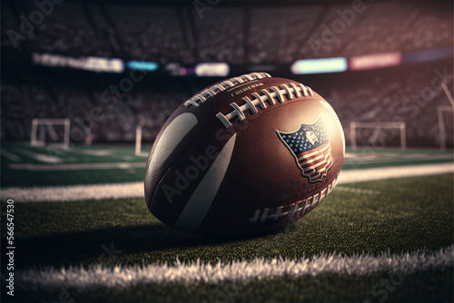 Close up view of american football ball.Blurred stadium background.Super bowl.Created with generative ai