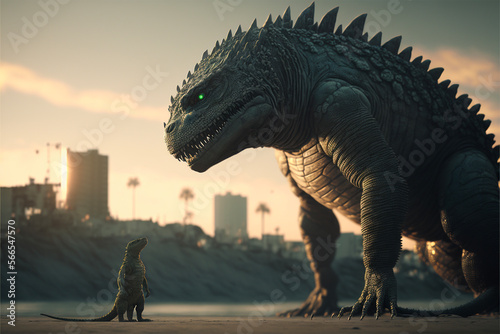 Godzilla standing opposite small iguana.Created with generative ai © leo10