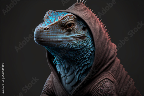 Portrait of a colored iguana dressed in a hoodie.Side view iguana.isolated background.Created with generative ai