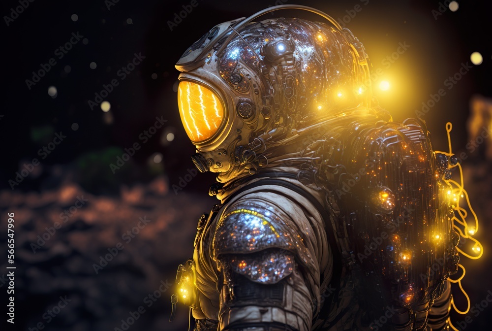 Firefly bacteria ghostly glow armor spacesuit on the surface of Europa. generative ai Firefly bacteria ghostly glow armor spacesuit on the surface of Europa. generative ai