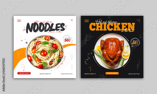 Food social media banner design template. Noodles and chicken social media post vector illustration. Square size.