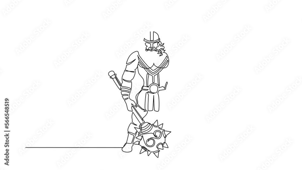Animated self drawing of continuous line draw warrior viking in horned helmet holding mace and shield. Cartoon character male with weapon standing in belligerent pose. Full length one line animation Animated self drawing of continuous line draw warrior viking in horned helmet holding mace and shield. Cartoon character male with weapon standing in belligerent pose. Full length one line animation