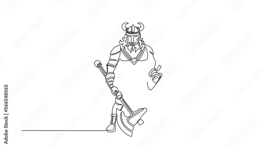 Animated self drawing of continuous line draw warrior viking in horned helmet holding axe and shield. Cartoon character male with weapon standing in belligerent pose. Full length single line animation Animated self drawing of continuous line draw warrior viking in horned helmet holding axe and shield. Cartoon character male with weapon standing in belligerent pose. Full length single line animation