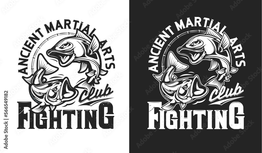 Angry fish mascot, fighting sport club t-shirt print, martial arts vector emblem. Karate, Taekwondo or Muay Thai kickboxing and Jiujitsu or Judo fighting badge for sport club sign with motto slogan Angry fish mascot, fighting sport club t-shirt print, martial arts vector emblem. Karate, Taekwondo or Muay Thai kickboxing and Jiujitsu or Judo fighting badge for sport club sign with motto slogan
