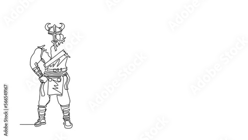 Wallpaper Mural Self drawing animation of single line draw viking with strong physique, bellicose air stands holding sword. Norseman warrior wearing helmet with beard. Continuous line draw. Full length animated Torontodigital.ca