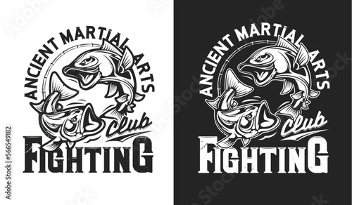 Angry fish mascot, fighting sport club t-shirt print, martial arts vector emblem. Karate, Taekwondo or Muay Thai kickboxing and Jiujitsu or Judo fighting badge for sport club sign with motto slogan