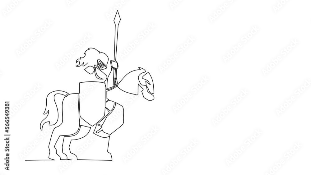 Self drawing animation of single line draw armed knight riding horse. Historical ancient military character. Prince with spear and shield. Ancient fighter. Continuous line. Full length animated