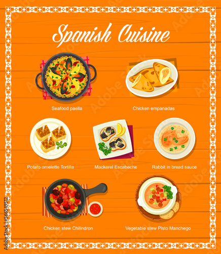 Spanish cuisine menu, food dishes and tapas, Spain meals for lunch and dinner, vector. Spanish restaurant menu of traditional seafood paella and chicken empanadas and potato omelette tortilla